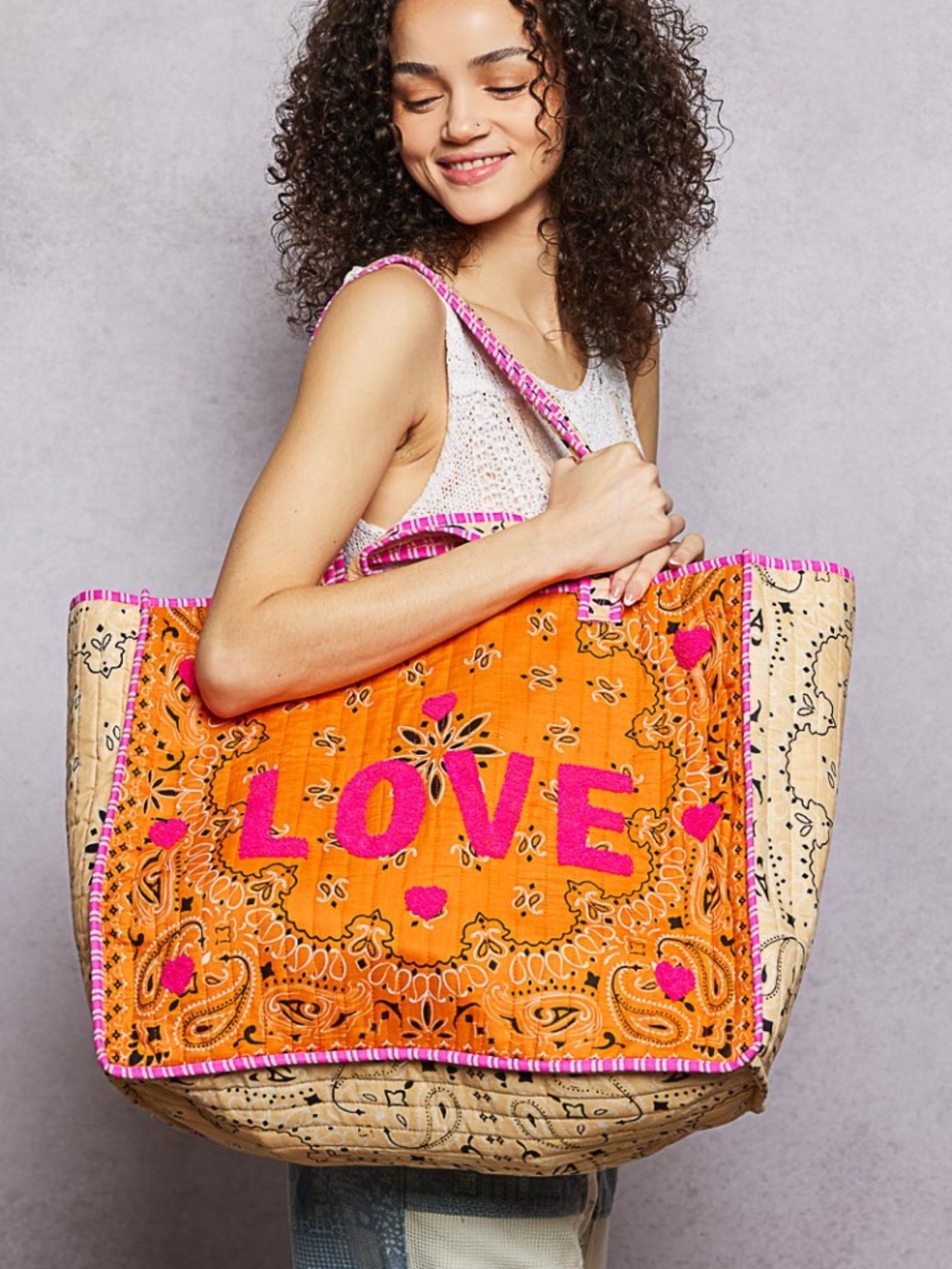 POL Color block Paisley LOVE Heart Graphic Quilted Large Tote Shoulder bag - Picture 1 of 10